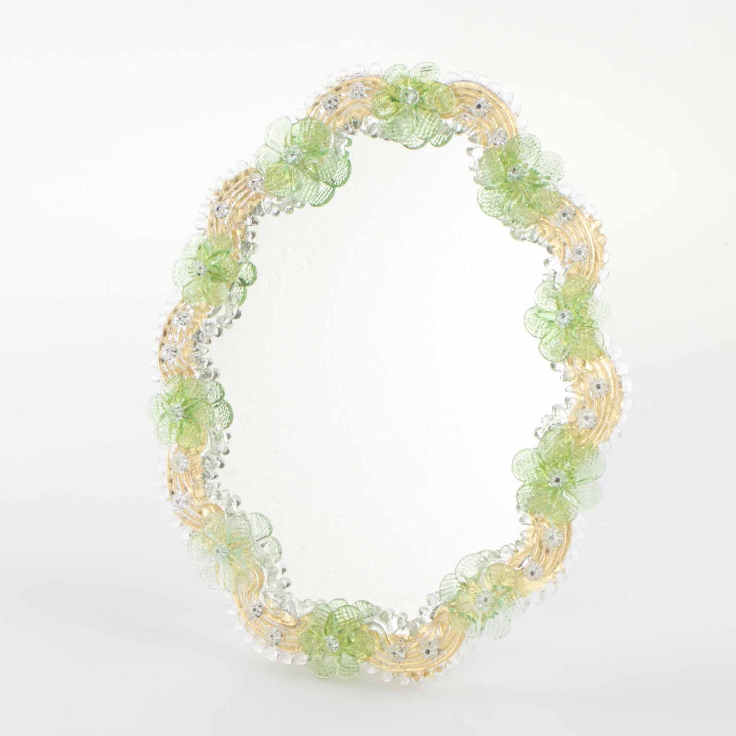 Elegante specchio artigianale da tavolo "Orchidea" con riflessi Oro e dettagli floreali di colore verde