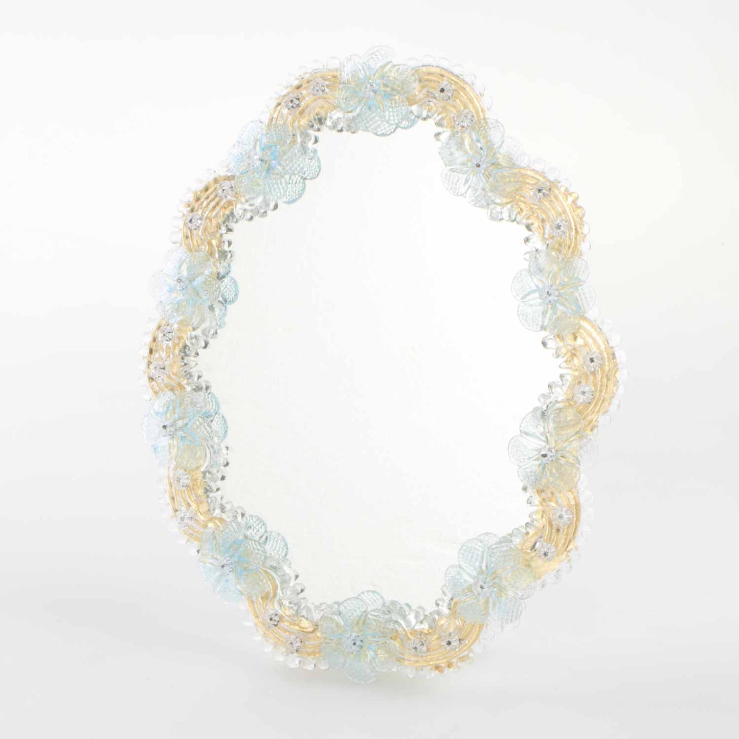 Elegante specchio artigianale da tavolo "Orchidea" con riflessi Oro e dettagli floreali di colore azzurro