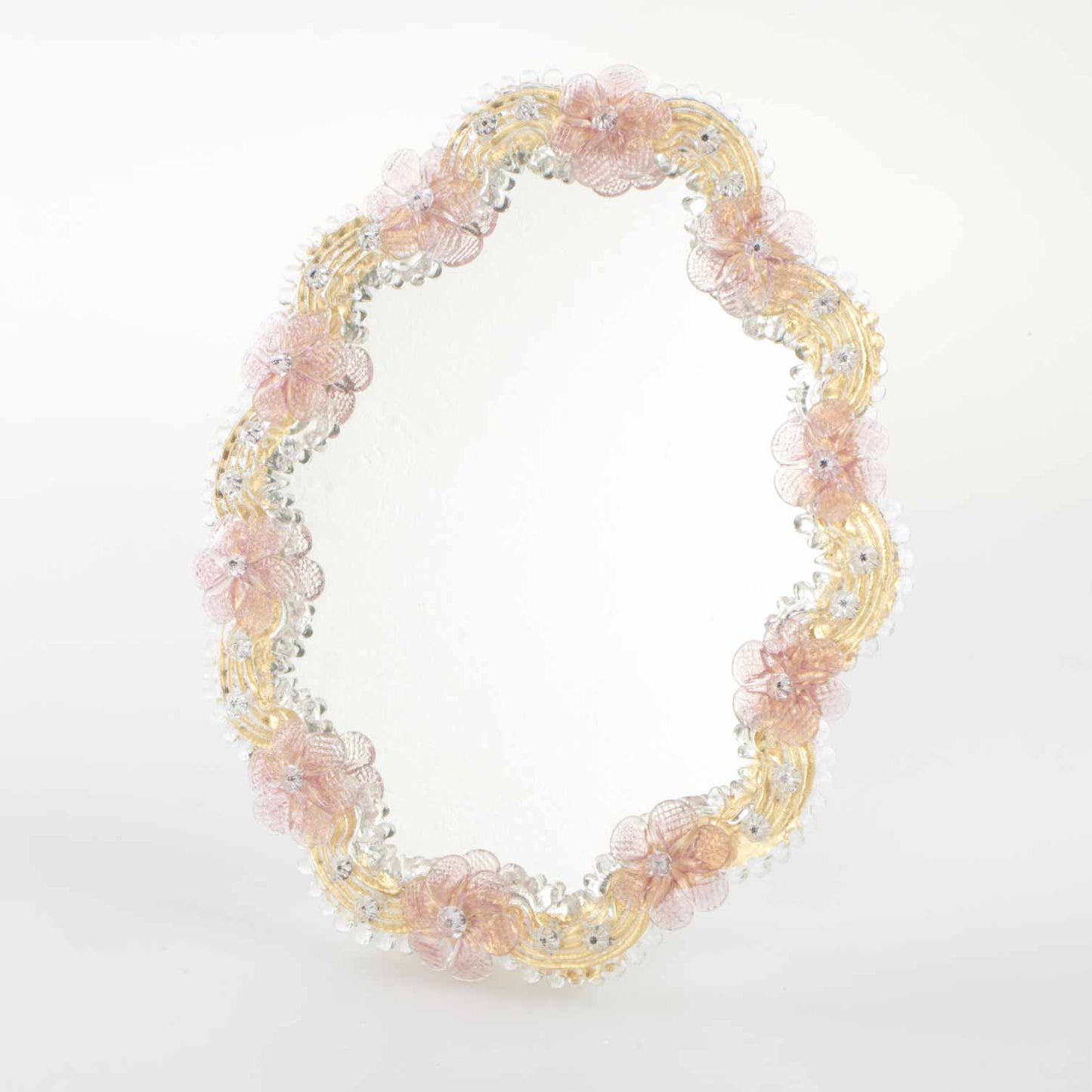 Elegante specchio artigianale da tavolo "Orchidea" con riflessi Oro e dettagli floreali di colore rosa