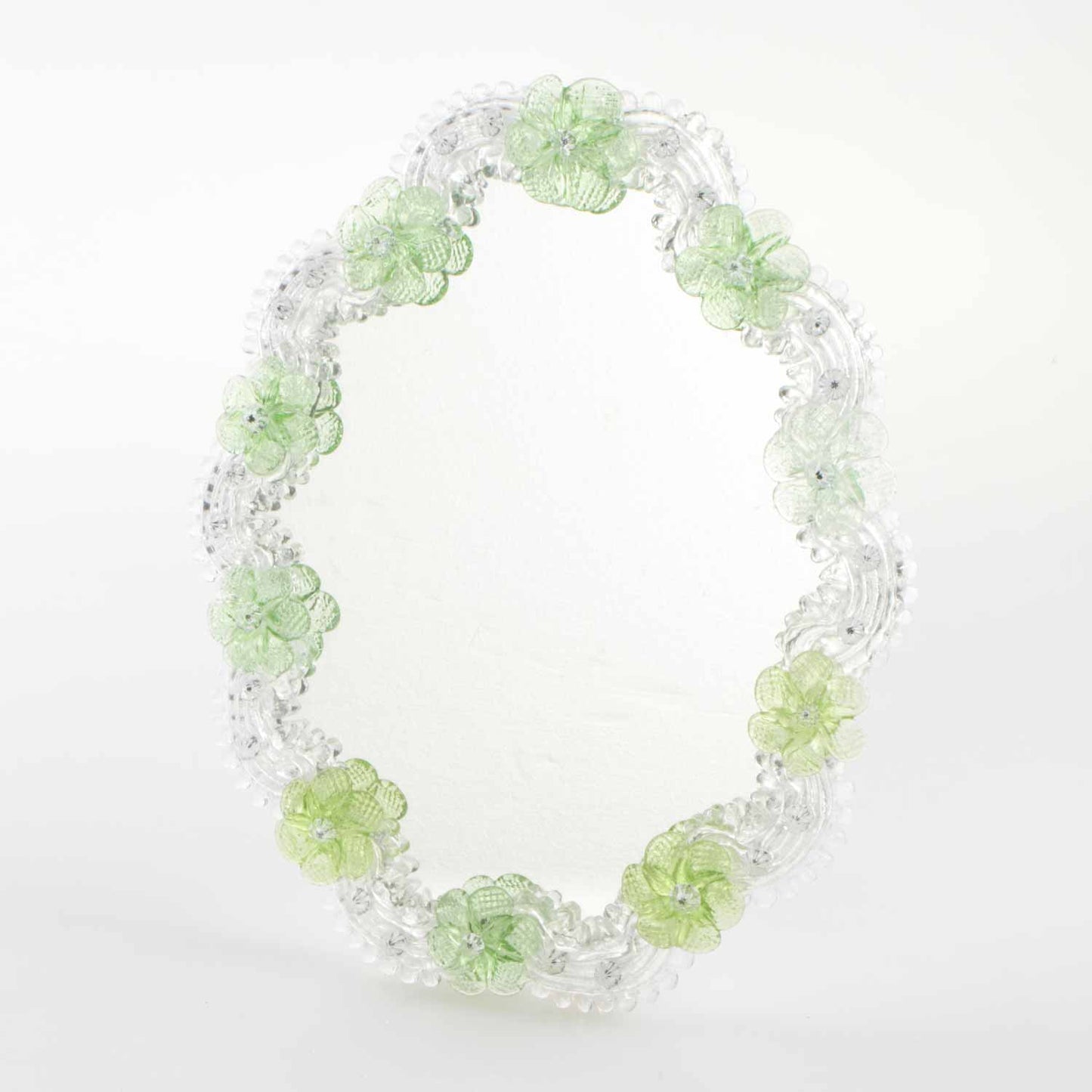 Elegante specchio artigianale da tavolo "Orchidea" con riflessi Argento e dettagli floreali di colore verde