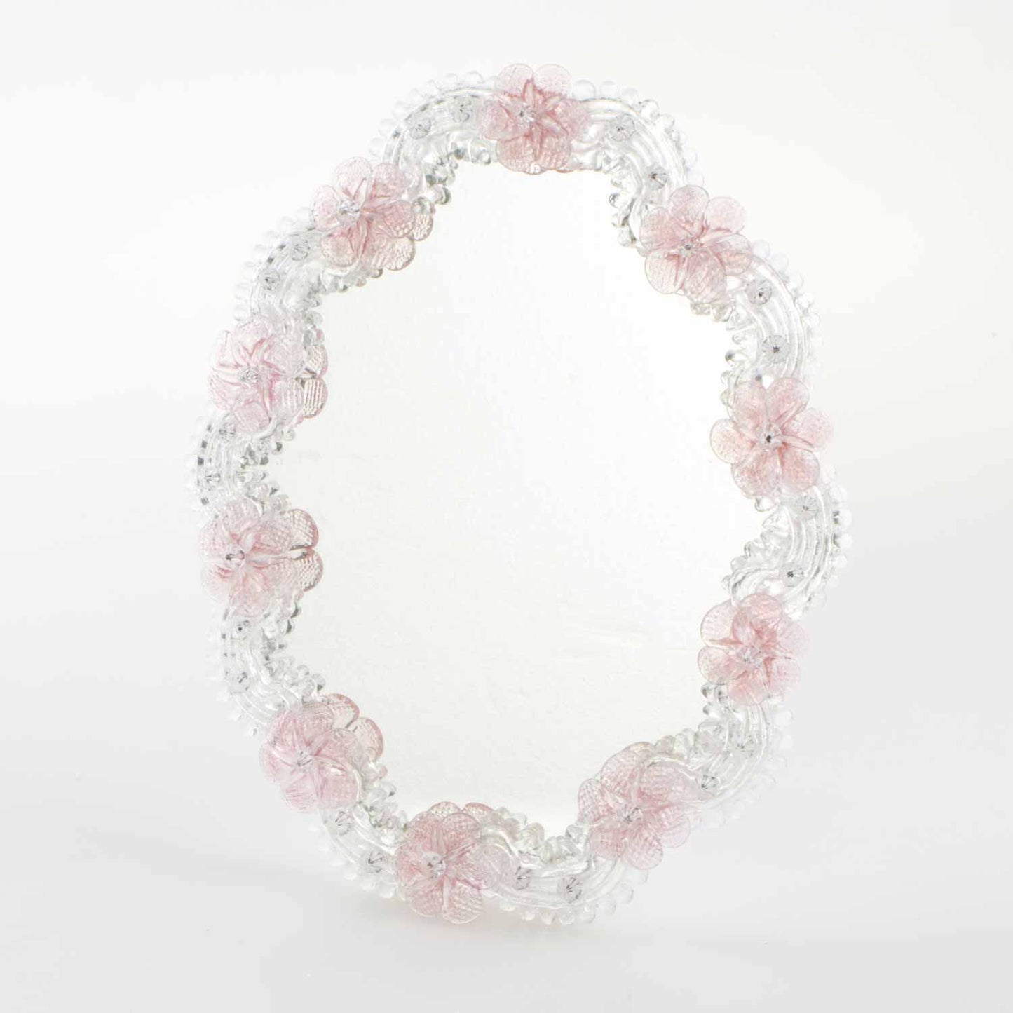 Elegante specchio artigianale da tavolo "Orchidea" con riflessi Argento e dettagli floreali di colore rosa