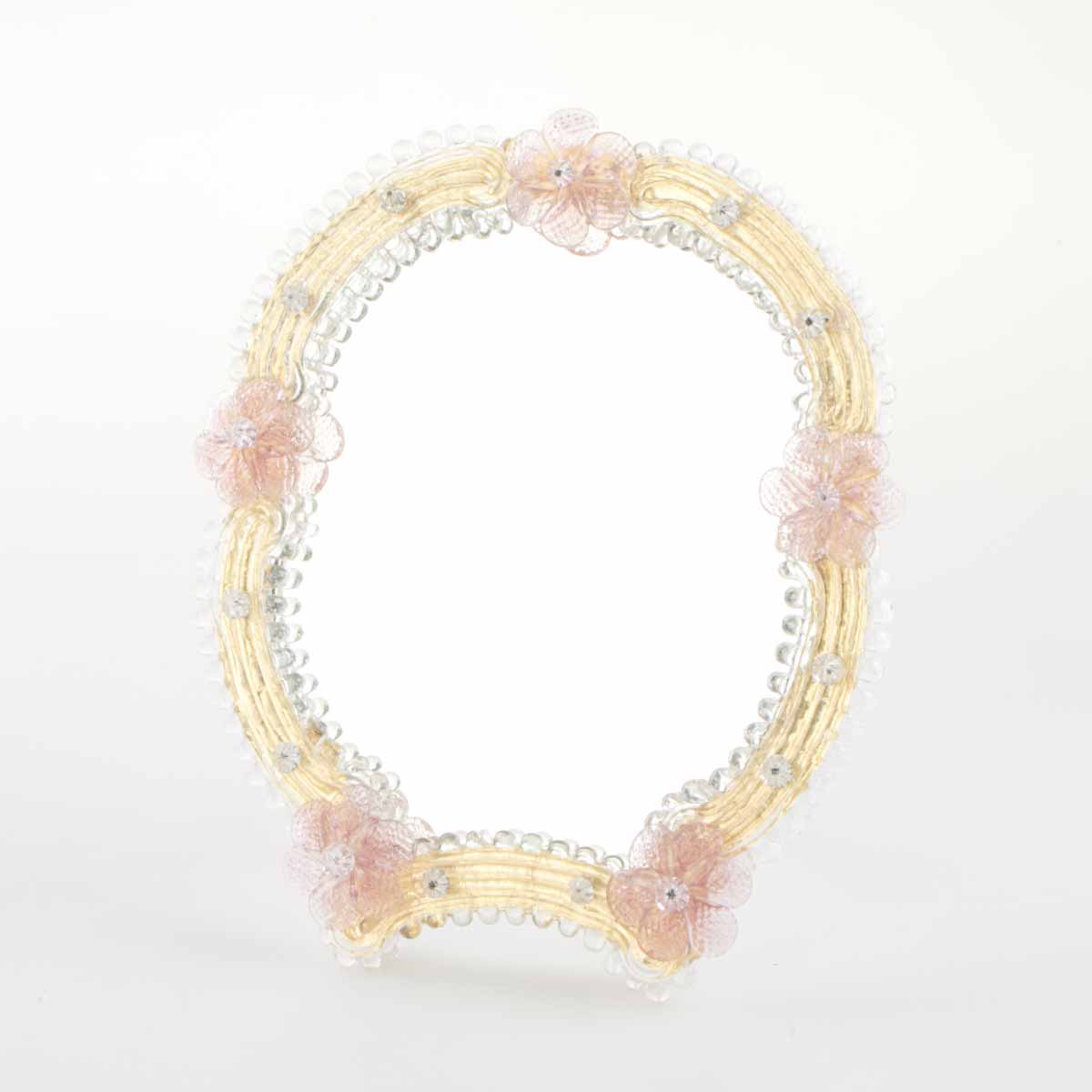 Elegante specchio artigianale da tavolo "Ortensia" con riflessi Oro e dettagli floreali di colore rosa