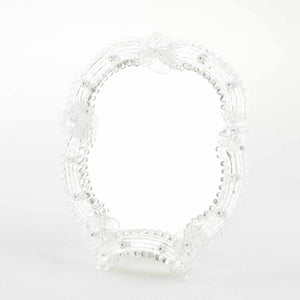 Elegante specchio artigianale da tavolo "Ortensia" con riflessi Argento e dettagli floreali in Cristallo