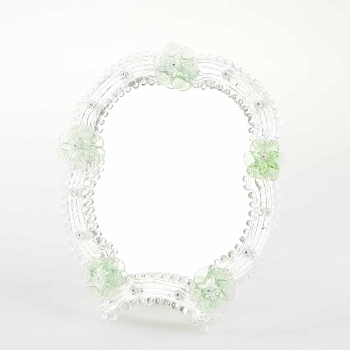 Elegante specchio artigianale da tavolo "Ortensia" con riflessi Argento e dettagli floreali di colore verde