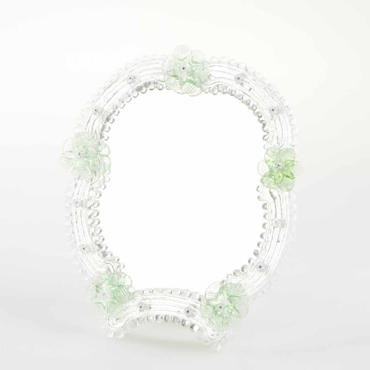 Elegante specchio artigianale da tavolo "Ortensia" con riflessi Argento e dettagli floreali di colore verde
