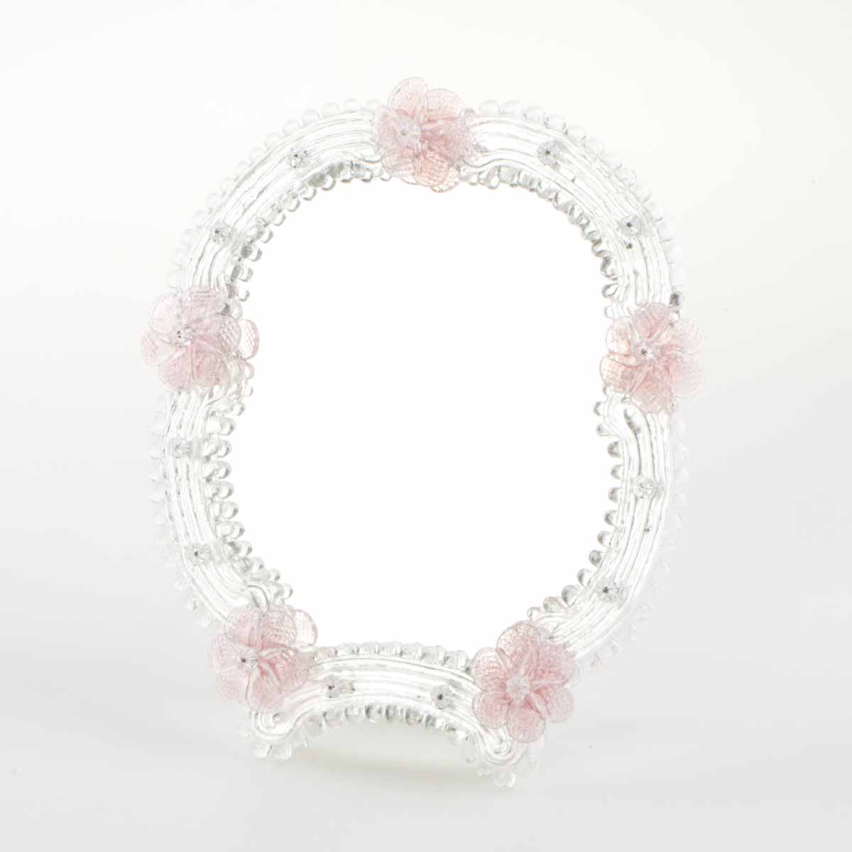 Elegante specchio artigianale da tavolo "Ortensia" con riflessi Argento e dettagli floreali di colore rosa