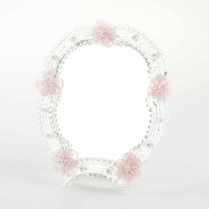 Elegante specchio artigianale da tavolo "Ortensia" con riflessi Argento e dettagli floreali di colore rosa
