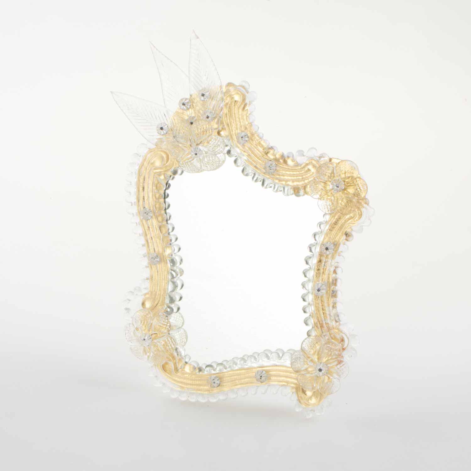 Elegante specchio artigianale da tavolo "Papavero" con riflessi Oro e dettagli floreali in Cristallo