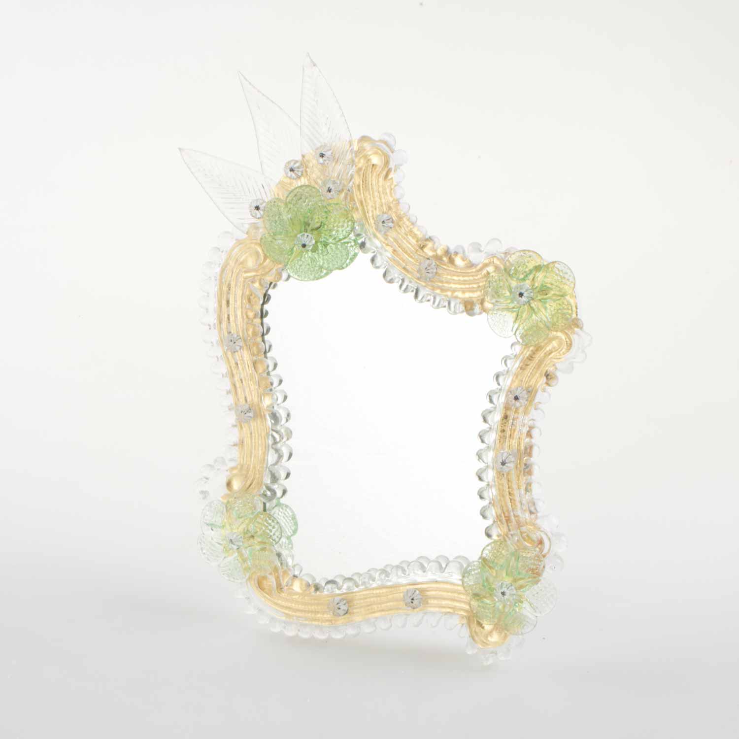 Elegante specchio artigianale da tavolo "Papavero" con riflessi Oro e dettagli floreali di colore verde