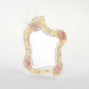 Elegante specchio artigianale da tavolo "Papavero" con riflessi Oro e dettagli floreali di colore rosa