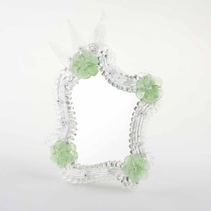 Elegante specchio artigianale da tavolo "Papavero" con riflessi Argento e dettagli floreali di colore verde