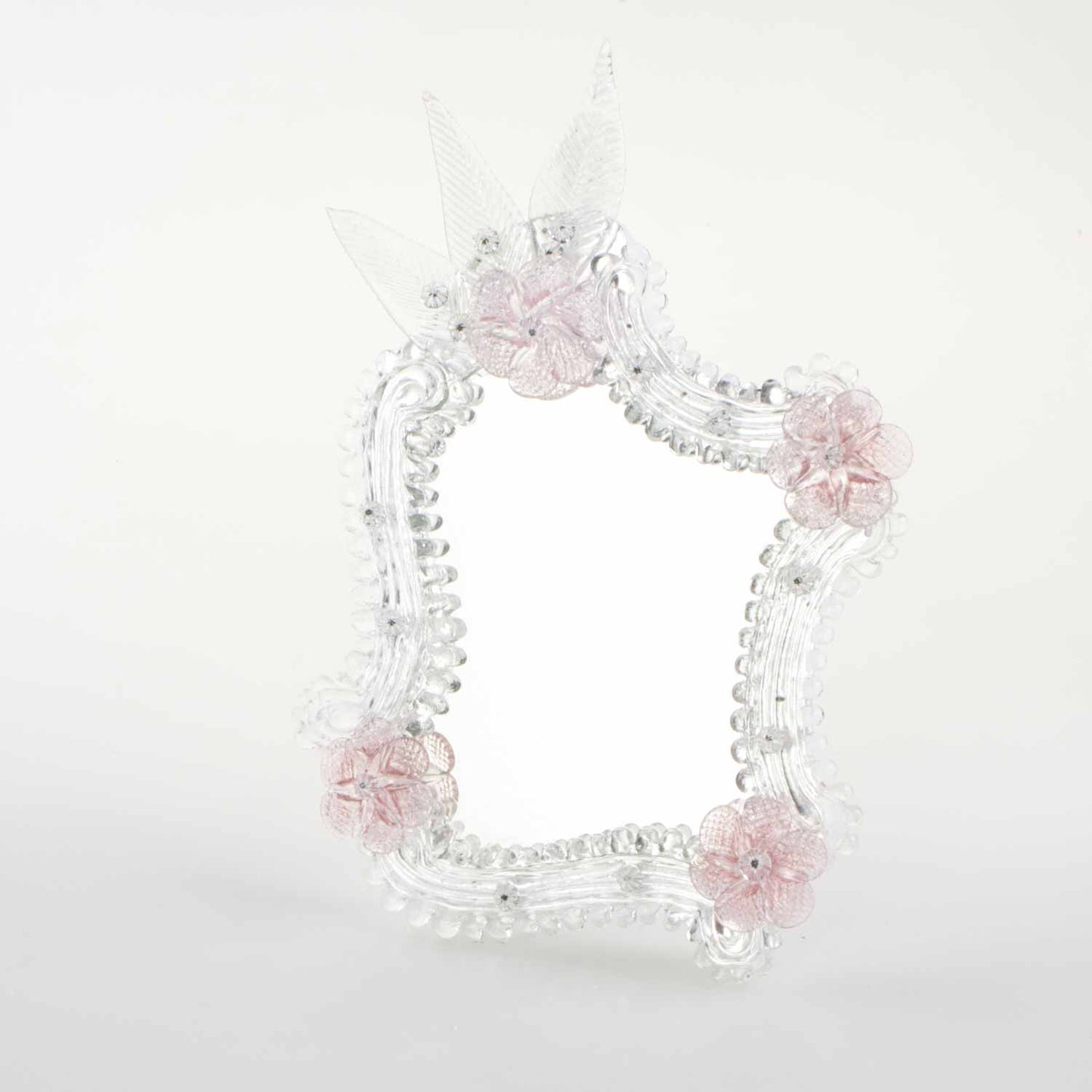 Elegante specchio artigianale da tavolo "Papavero" con riflessi Argento e dettagli floreali di colore rosa