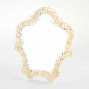 Elegante specchio artigianale da tavolo "Petunia" con riflessi Oro e dettagli floreali in Cristallo