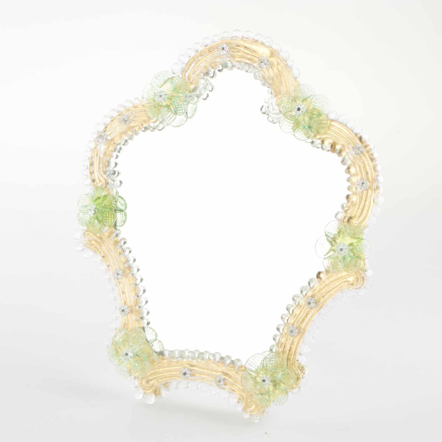 Elegante specchio artigianale da tavolo "Petunia" con riflessi Oro e dettagli floreali di colore verde