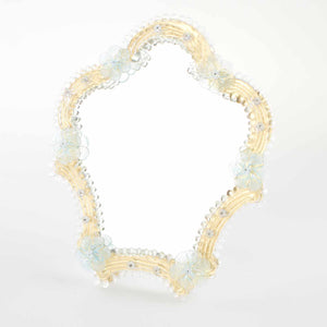 Elegante specchio artigianale da tavolo "Petunia" con riflessi Oro e dettagli floreali di colore azzurro