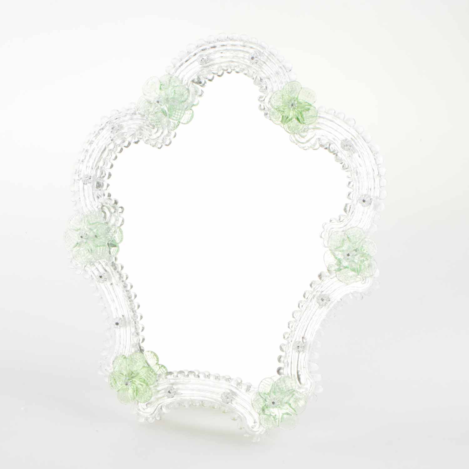 Elegante specchio artigianale da tavolo "Petunia" con riflessi Argento e dettagli floreali di colore verde