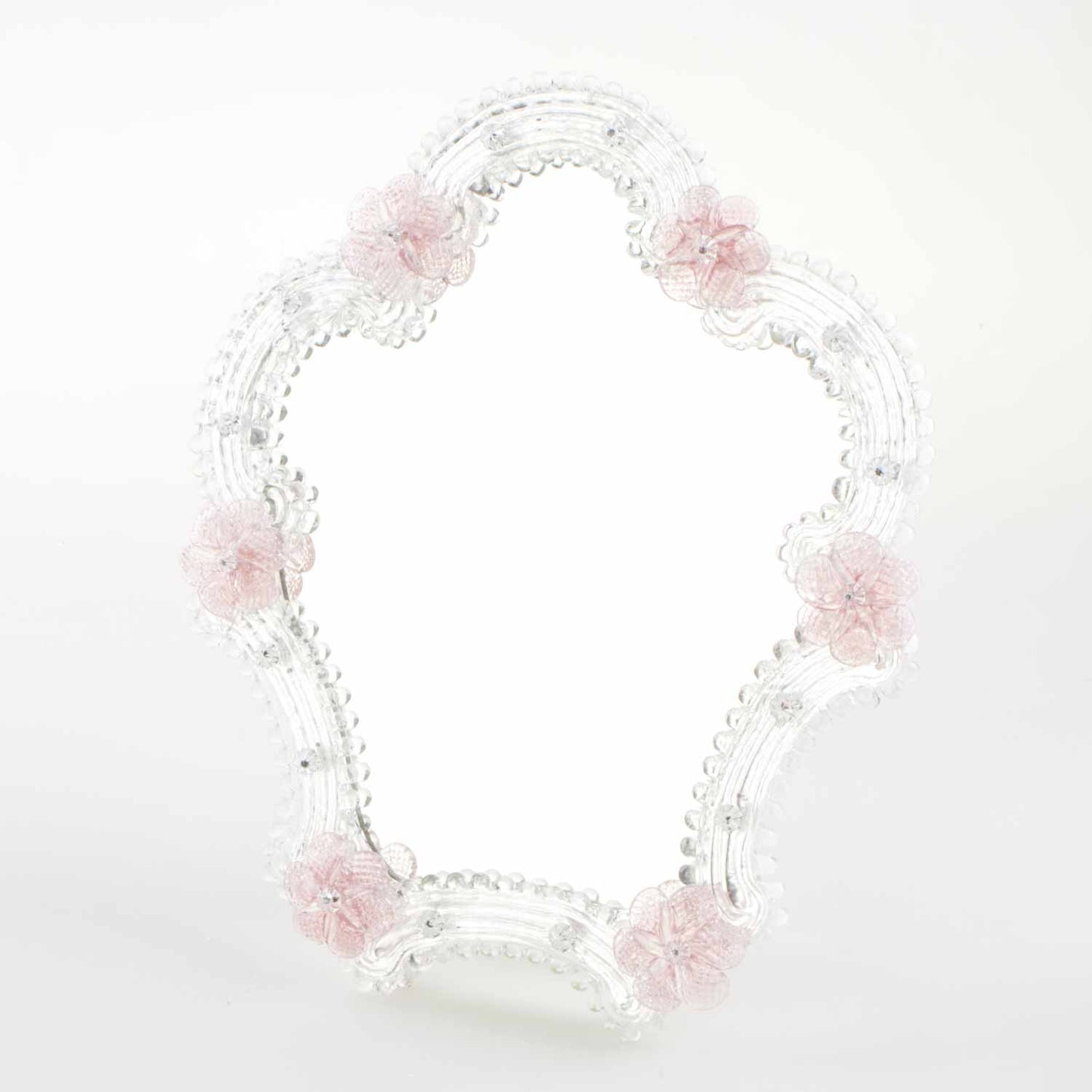 Elegante specchio artigianale da tavolo "Petunia" con riflessi Argento e dettagli floreali di colore rosa