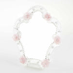 Load image into Gallery viewer, Elegante specchio artigianale da tavolo &quot;Petunia&quot; con riflessi Argento e dettagli floreali di colore rosa
