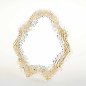 Elegante specchio artigianale da tavolo "Primula" con riflessi Oro e dettagli floreali in Cristallo