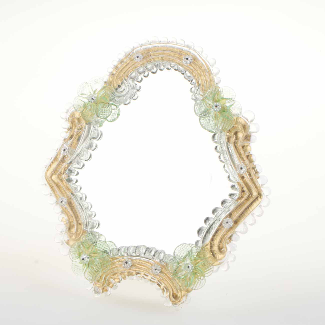Elegante specchio artigianale da tavolo "Primula" con riflessi Oro e dettagli floreali di colore verde