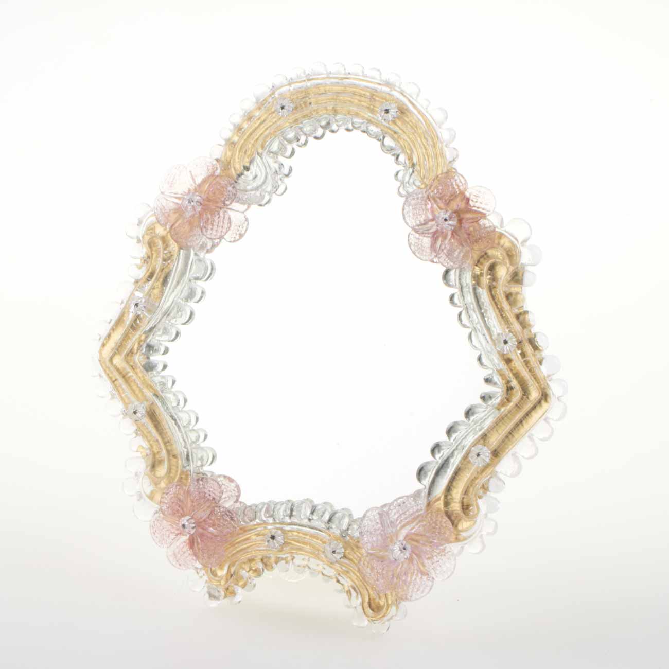 Elegante specchio artigianale da tavolo "Primula" con riflessi Oro e dettagli floreali di colore rosa