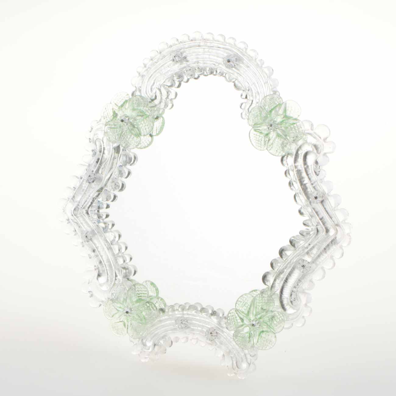 Elegante specchio artigianale da tavolo "Primula" con riflessi Argento e dettagli floreali di colore verde
