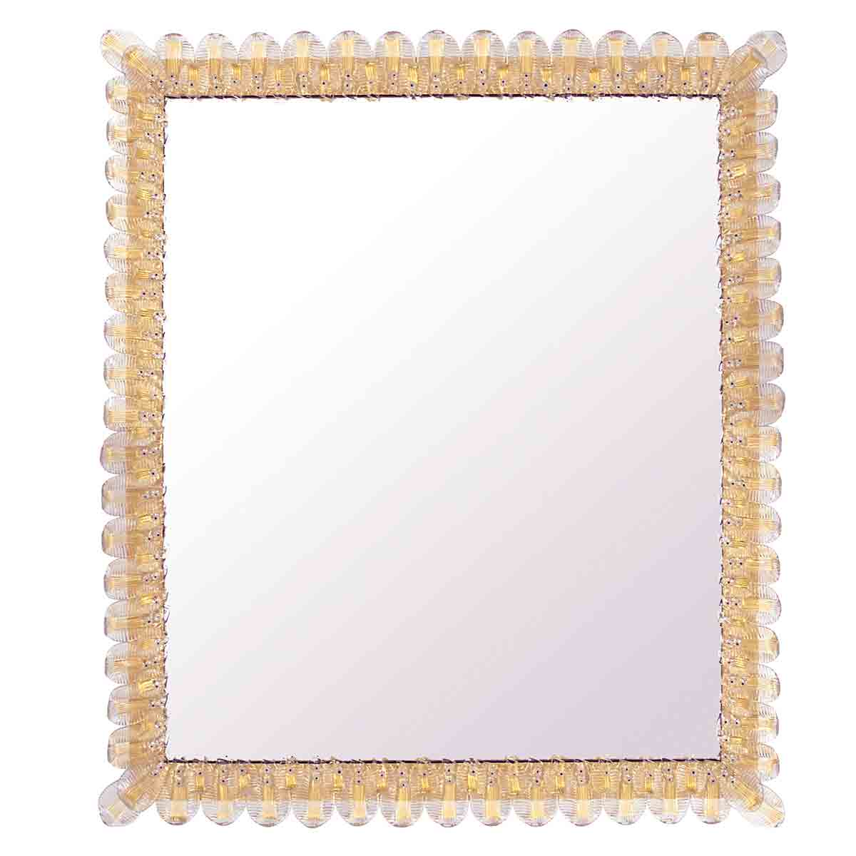 specchio veneziano rettangolare con cornice decorata a mano in vetro di murano di colore cristallo-oro su fondo oro