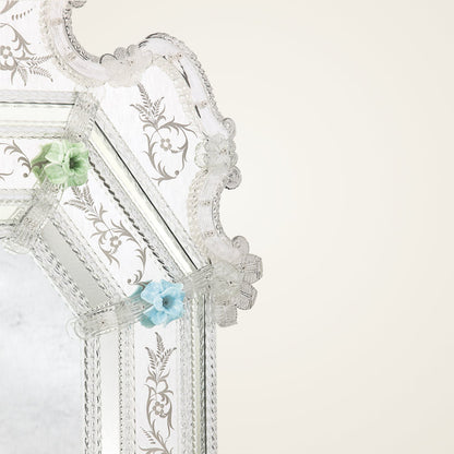 Zordi — close-up of Venetian mirror with Murano glass curls handcrafted glass details