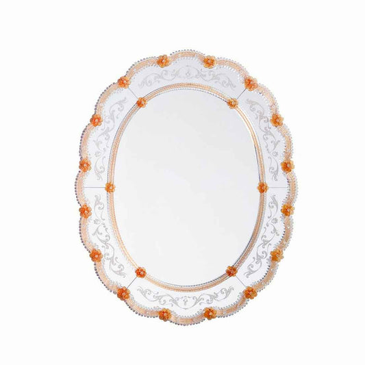 specchio veneziano circolare con fasce incise a mano, fiori e ricci in vetro di murano di colore rosa e arancio su fondo argento