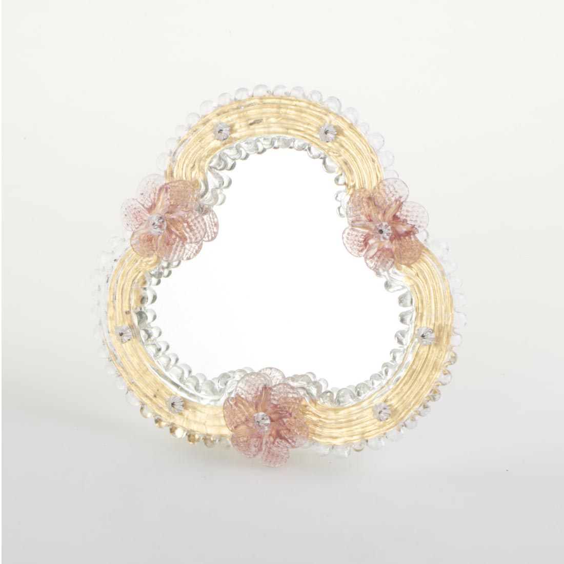 Piccolo specchio artigianale da tavolo "Camelia" con riflessi Oro e dettagli floreali di colore rosa