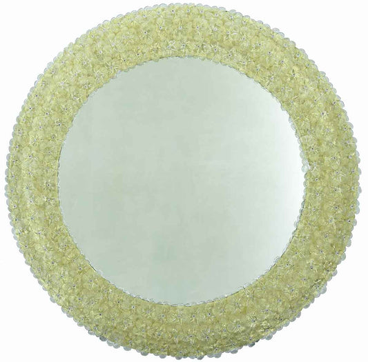 specchio veneziano circolare con fiori in vetro di murano colore cristallo su fondo oro e fondo bombato